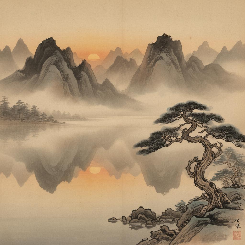A still pond reflecting a warm sunrise with a single leaf drifting on gentle ripples